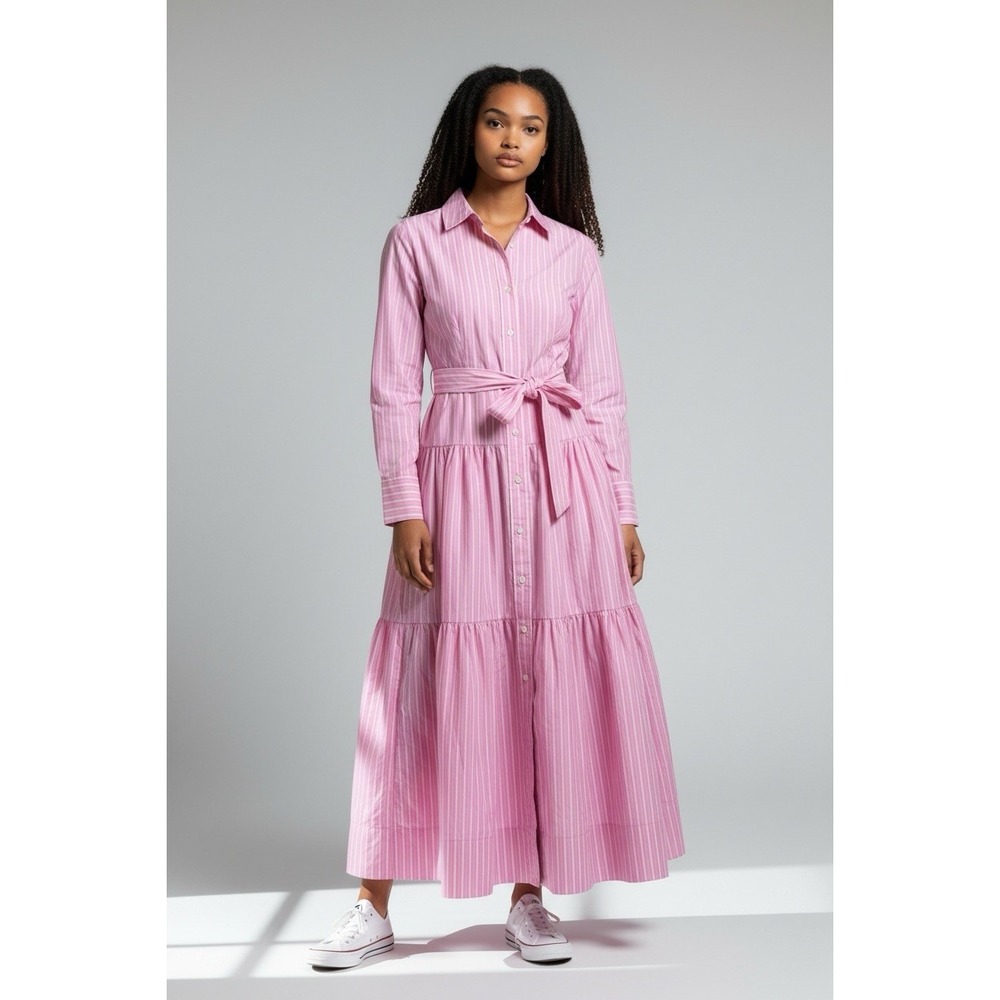 Free Assembly Womens XS Pink Stripe Tiered Maxi Shirt Dress Belted NWT Cotton